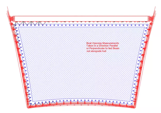 Overlay of just 5 of our 35 Lagoon 380 drawings showing variation in lacing point style, count, & spacing. Note, the net is designed for boat with lacing buttons and would not fit a boat with Ustraps at all