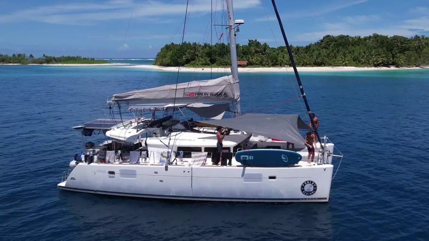 Sunrise SHADE catamaran bow shade featured on Parlay Revival sailing YouTube channel