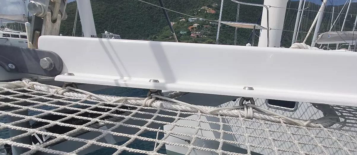 Example of UnderMounted Eyes (shown anchor cutout on Lagoon 46 with OEM nets)