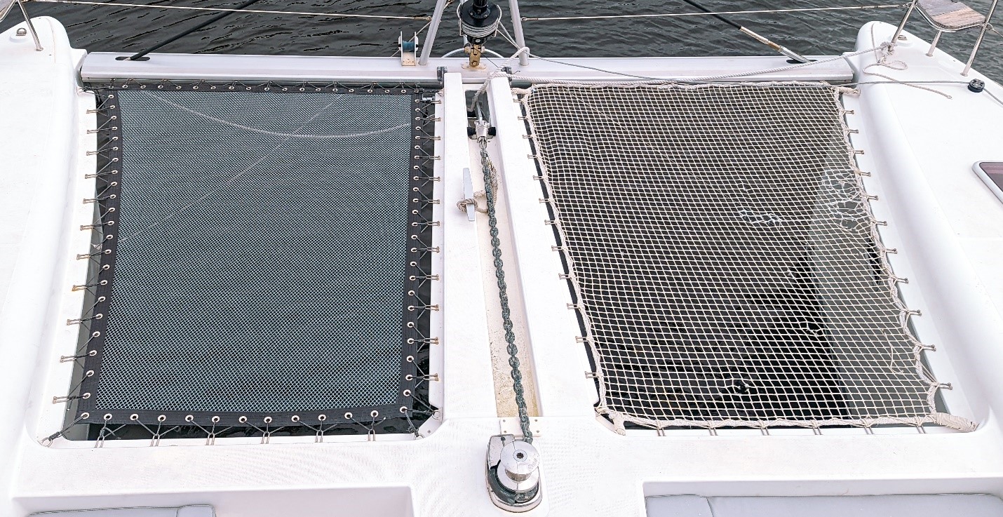 Figure 13: Original Net (right) Vs Properly Sized Replacement Net (left). Note Net On The Right Is Loose Because It Is Too Tight To The Lacing Points & Has No Room To Be Tensioned Any Further. New Net On The Left Is Well Tensioned & Has A Little Room To Stretch & Be Retensioned Through Its Life.