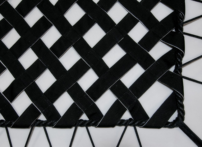 2 inch 3Ply Webbing Net with 2-1/2 inch Holes, Uncoated Black Polypropylene with webbing loop and rope border